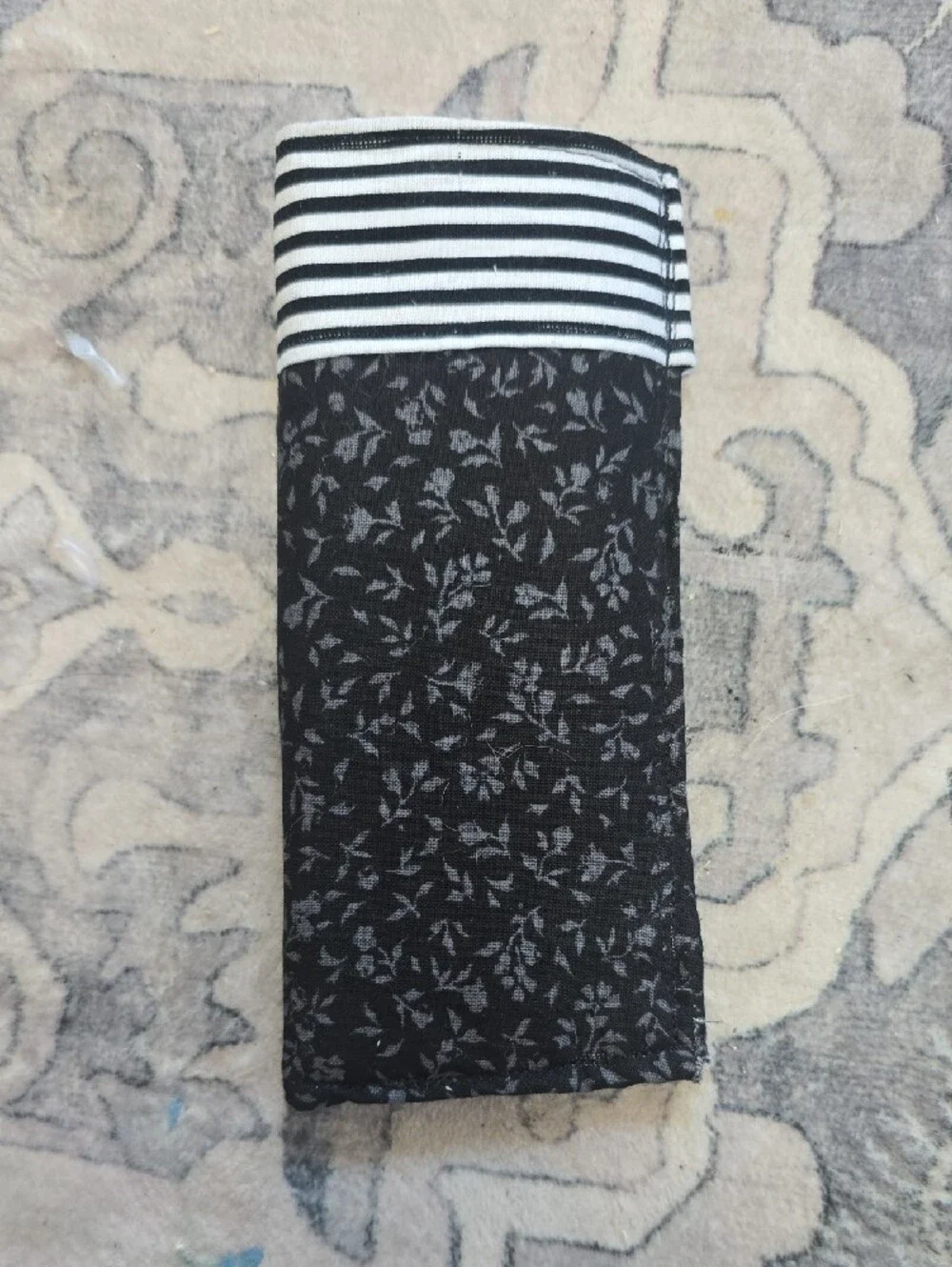 Black Patterned Glasses Pouch with Striped Trim, Hand Made